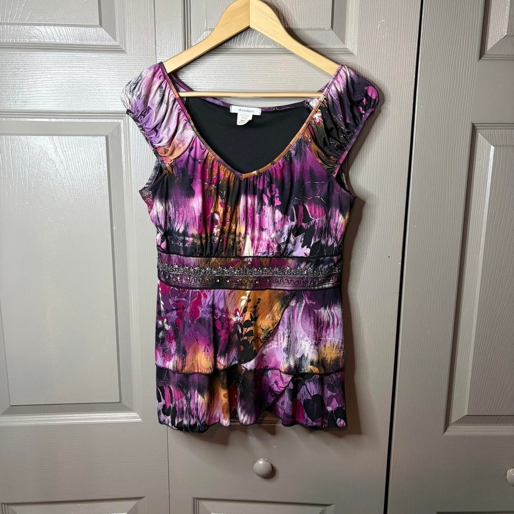 Dressbarn Purple Floral Beaded Top Women Small Y2K Fairy Cottagecore Cap Sleeve